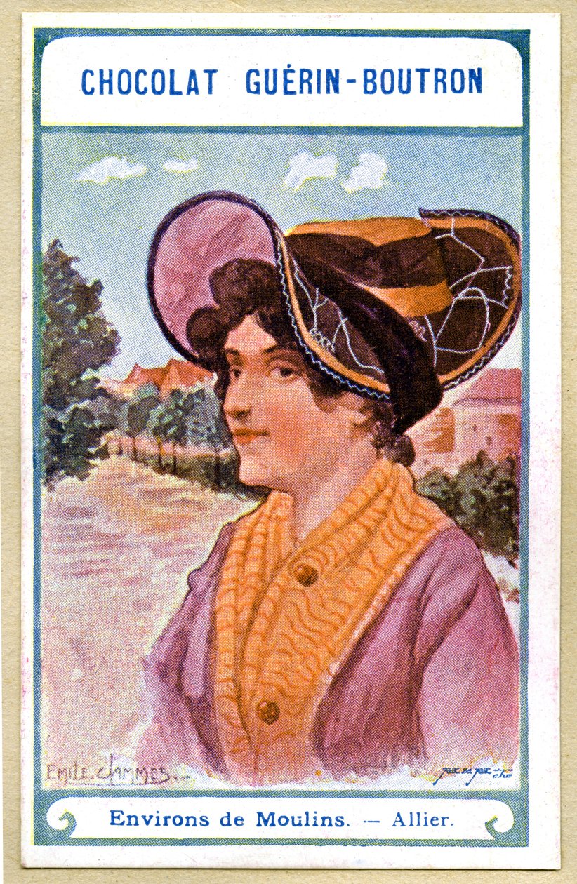 Reklamekromolitografi av sjokolade Guerin Boutron, hodeplaggene i regionene i Frankrike, omgivelsene til Moulins, Allier, illustrasjon Emile Jammes (kromolitografi) av French School