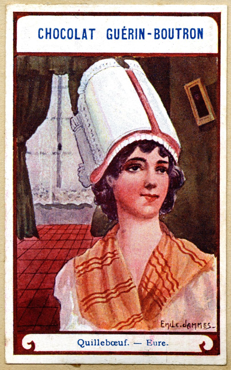 Reklamekromolitografi av sjokolade Guerin Boutron, hodeplaggene i regionene i Frankrike, Quillebœuf, Eure, illustrasjon Emile Jammes (kromolitografi) av French School