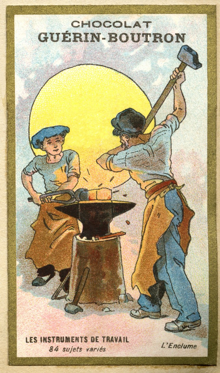 Reklamekromolitografi av sjokolade Guerin Boutron, arbeidsinstrumenter, 84 varierte emner, ambolten av French School