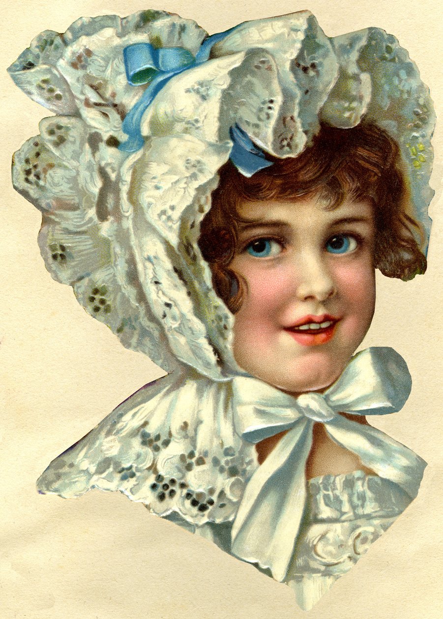 Reklamekromoer, kuttet i størrelse i henhold til konturene til de representerte tegningene som var veldig fasjonable på begynnelsen av 1900-tallet og designet for å klippes og limes inn i album, Portrait of a little girl, tidlig på 1900-tallet (chromolitho av French School