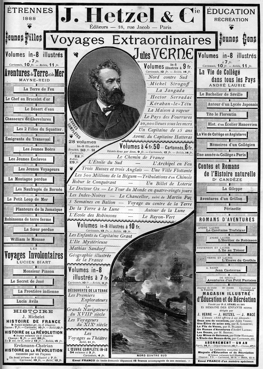 Reklame for Jules Vernes romaner som nærmer seg slutten av året 1887, redaktør J. Hetzel. av French School