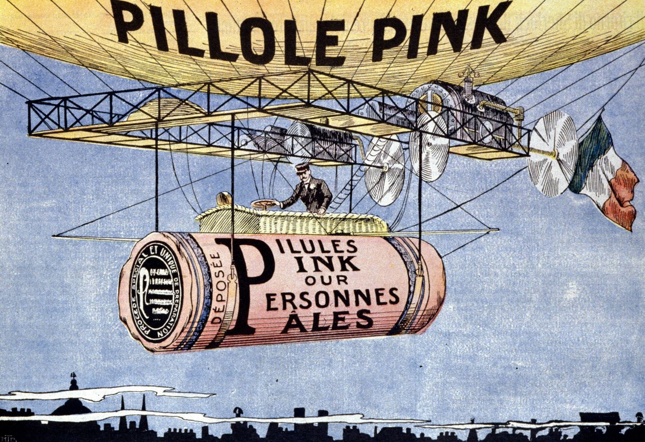 Reklame for rosa piller: mirakelpiller for bleke og svekkede mennesker. De regenererer blod og toner nervene. 1904 ca. av French School