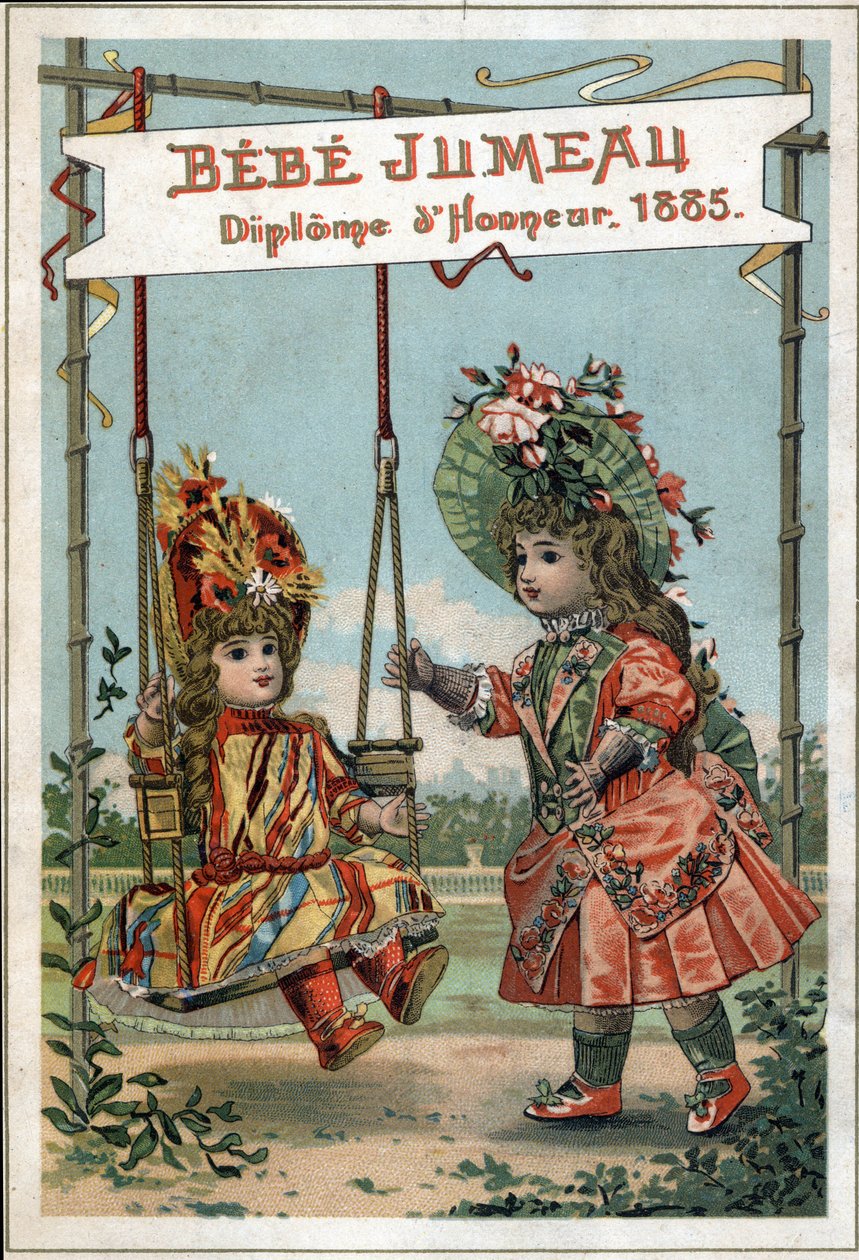 Reklame for tvillingdukker i 1885 av tvillinghuset. (Verdens første produksjon for produksjon av Beaux Bebes). av French School