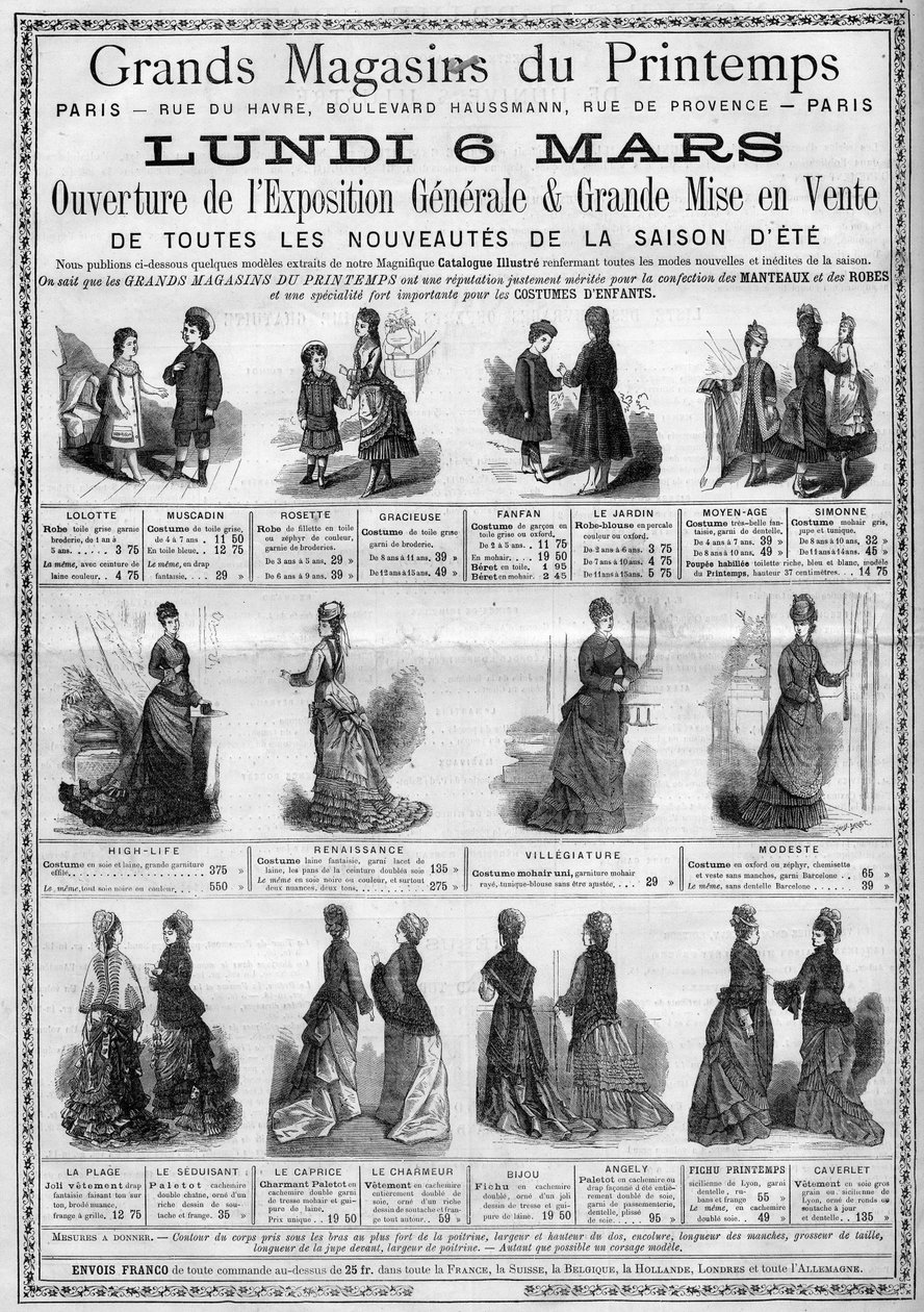 Reklame for åpningen av den generelle utstillingen og salg av sommersesongens nykommere (sommerkolleksjon) i varehusene Printemps i Paris. Gravering i "" L