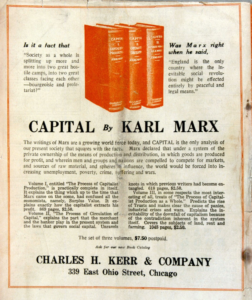 Annonsering for salg av Karl Marx sin bok «Le Capital» i et amerikansk magasin av French School