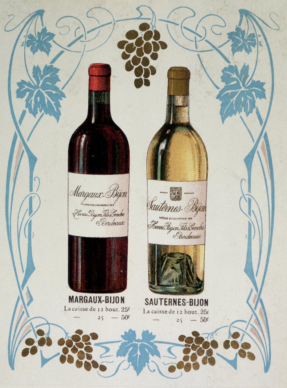 Reklame for salg av vin Margaux-Bijon (Margaux Bijon) og Sauternes-Bijon (Sauternes Bijon), 25 frs av de 12 flaskene, 50 frs på 25 av French School