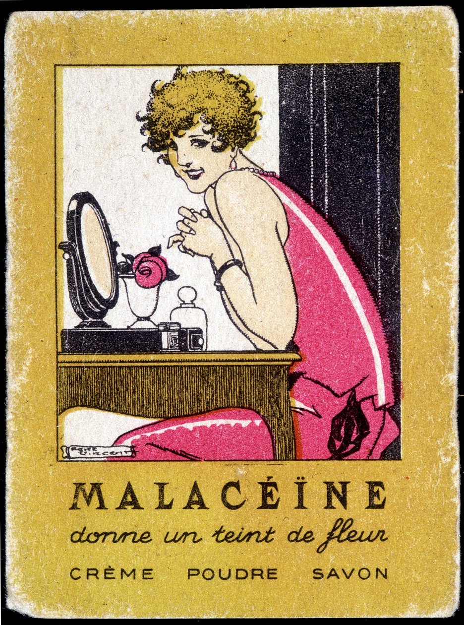 Reklamepostkort for Malacéíne skjønnhetsprodukter. rundt 1920. av French School