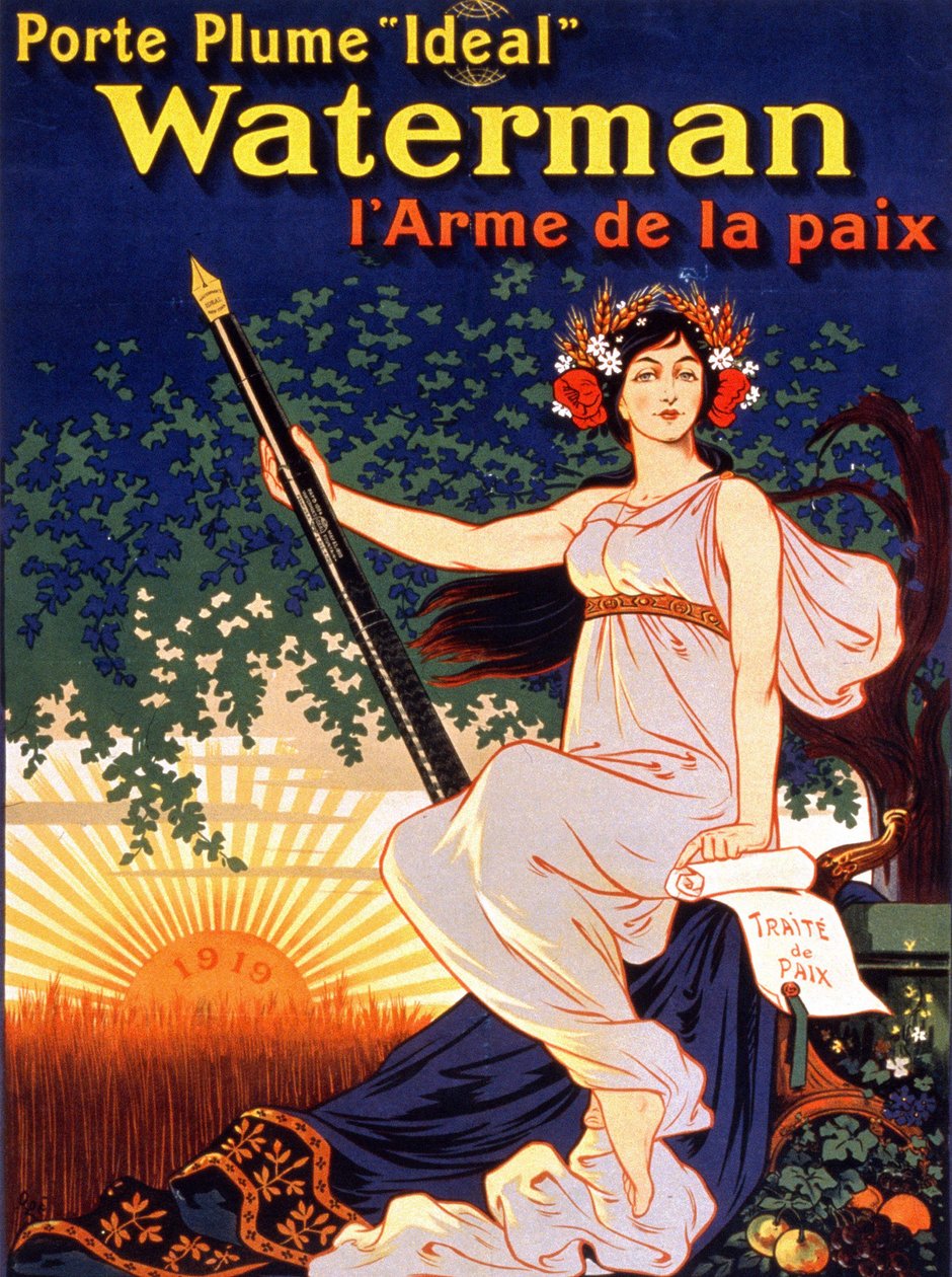 Reklameplakat for "Ideell Waterman Fountain Holder, the Weapon of Peace"" (en kvinne som holder fredsavtalen og en Waterman Feather"). Litografi 1919. av French School