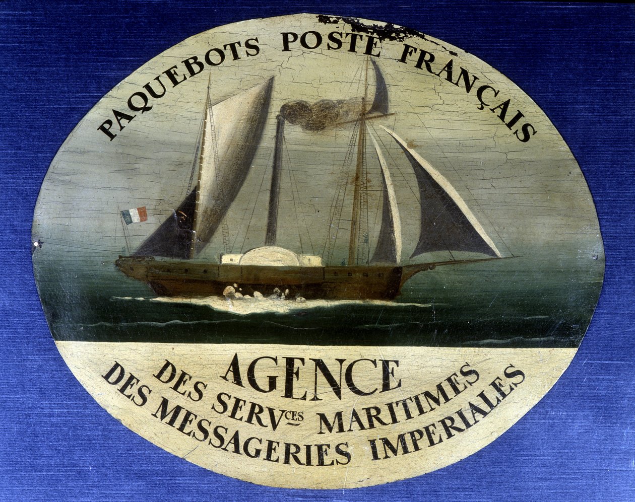Reklameskilt for fransk postlinje, byrå for maritime tjenester for imperiale kurerer - maleri på tre, slutten av 1800-tallet av French School