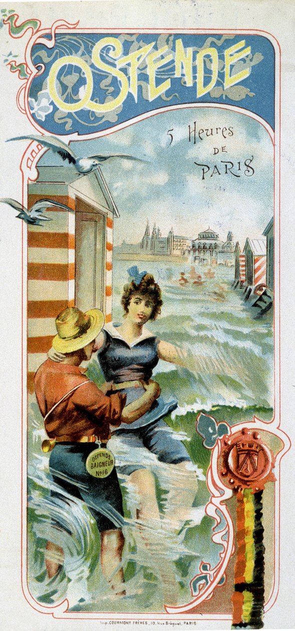 Reklame for å komme til Oostende (Belgia) fra Paris: Oostende: 5 timer fra Paris, ca. 1900 (kromolitografi) av French School
