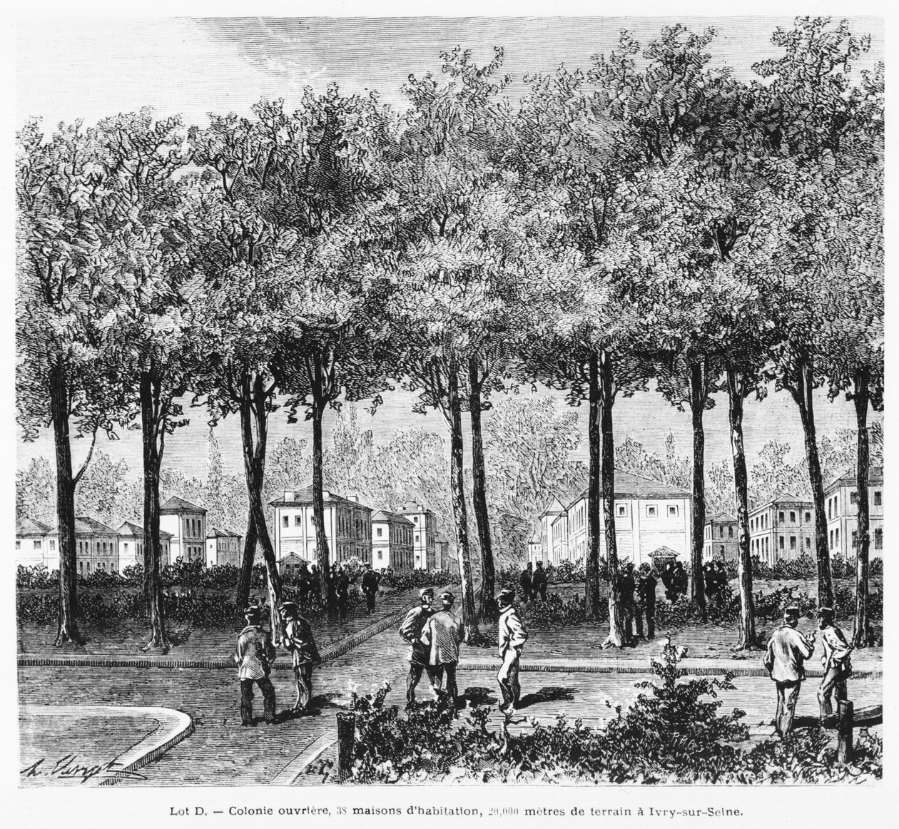 Annonse som viser en arbeiderkoloni, illustrasjon fra Le Monde Illustre, 1876 av French School