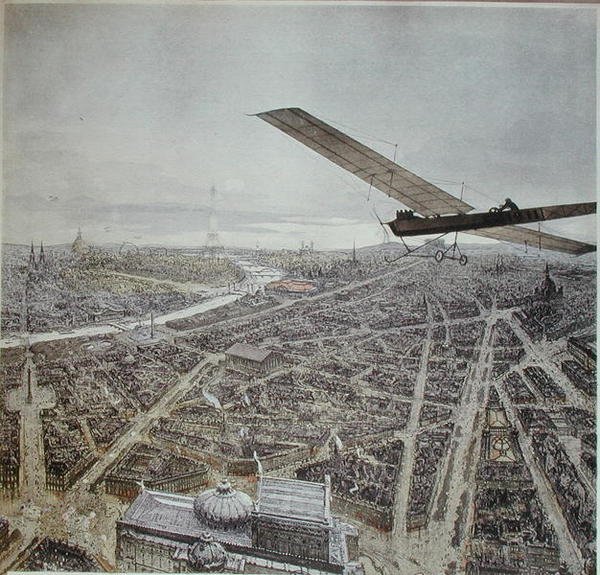 Fly som flyr over Paris, illustrasjon for en kalender fra 1911 (farge litho) av French School