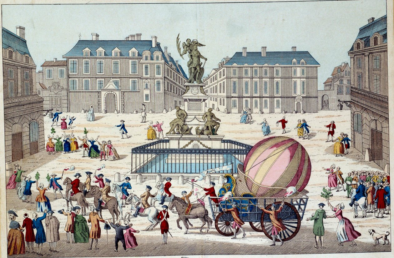 Aerostat: det andre forsøket på å fly på en ballong. Hele den aerostatiske kloden til Charles og Robert i Paris, etter en tur på en hydrogengassballong, 02.12.1783. Anonymt 1700-tallstrykk. Paris, dekorativ kunst av French School