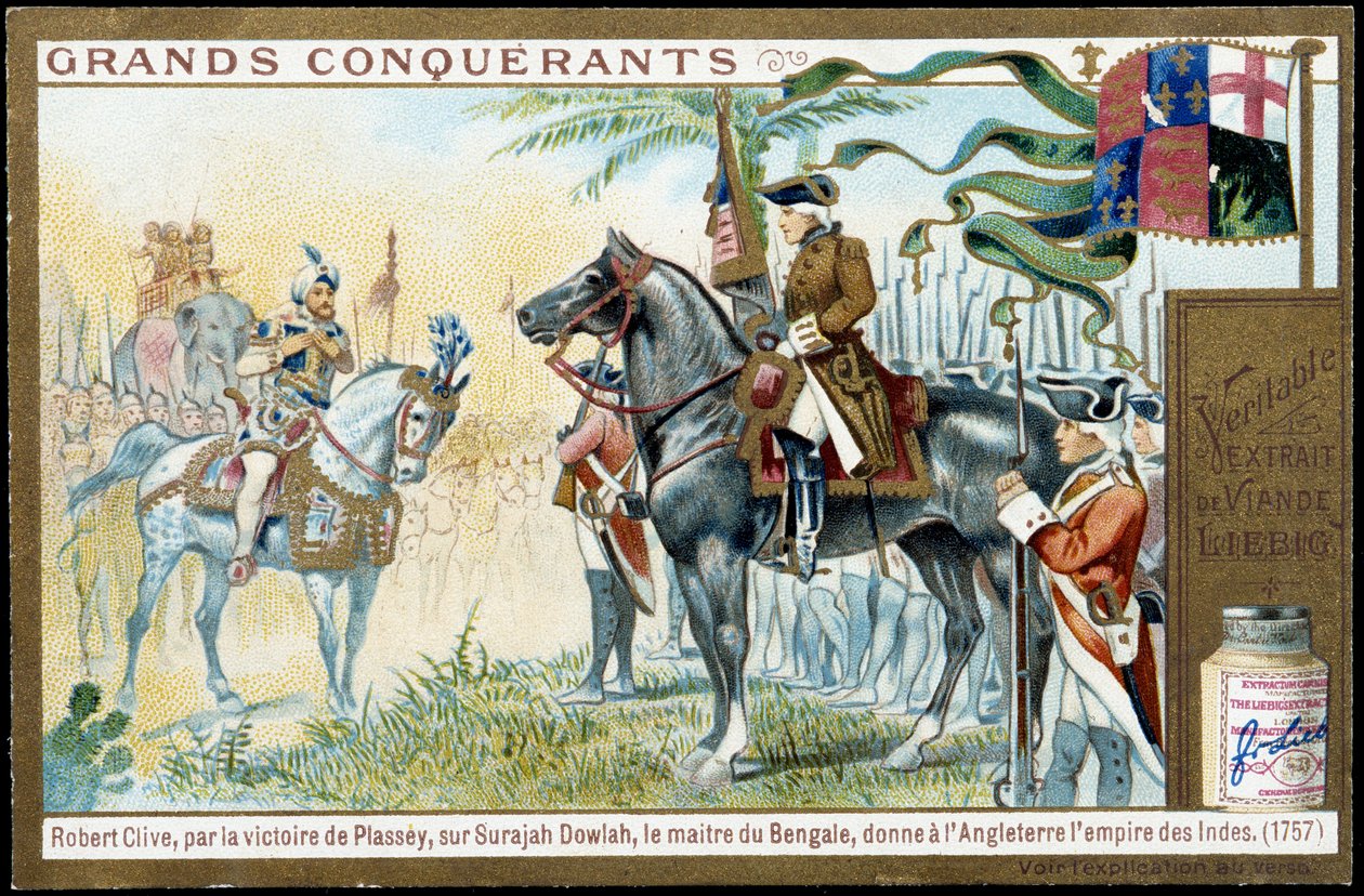 Etter Plasseys seier over Surajah Dowlah (Suraj Ud-daula eller Ud Daula Ud Daulah eller Ud-Daulah), ga mesteren av Bengal England Empire of India i 1757. 1800-tallets liebig kromolitografi. av French School