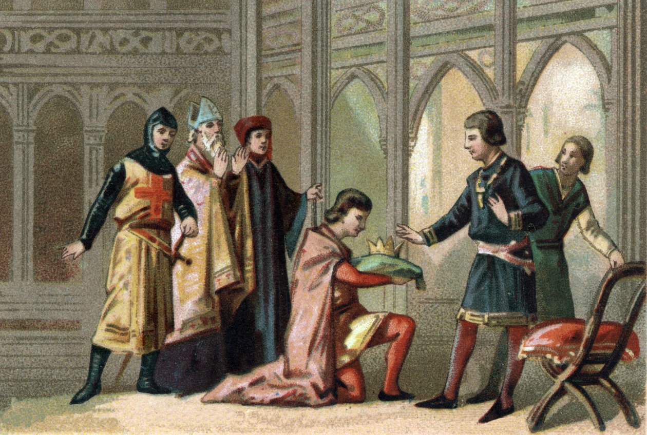 Etter Louis Xs død, returnerte kronen til hans yngre bror, Philippe V dit Le Long (1294-1322). Scenen blir deltatt av de tre føderale ordrene. Kromolitografi rundt 1890. av French School