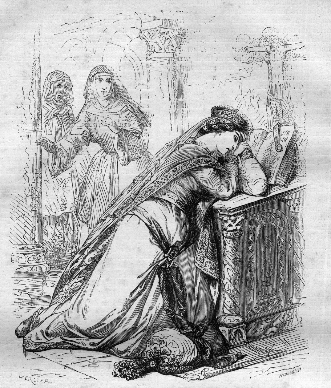 Agnes de Meranie eller Meran (1172-1201), dronning av Frankrike, ble sendt til klosteret av kong Filip Augustus. Gravering i "" Pavenes historie (...) Dronningkongens og keiseres forbrytelser gjennom århundrene" av Maurice Lachatre av French School