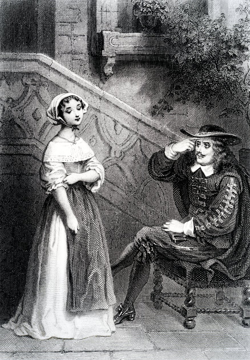 Agnes med sin verge Arnolphe, fra The School for Wives, av Moliere av French School