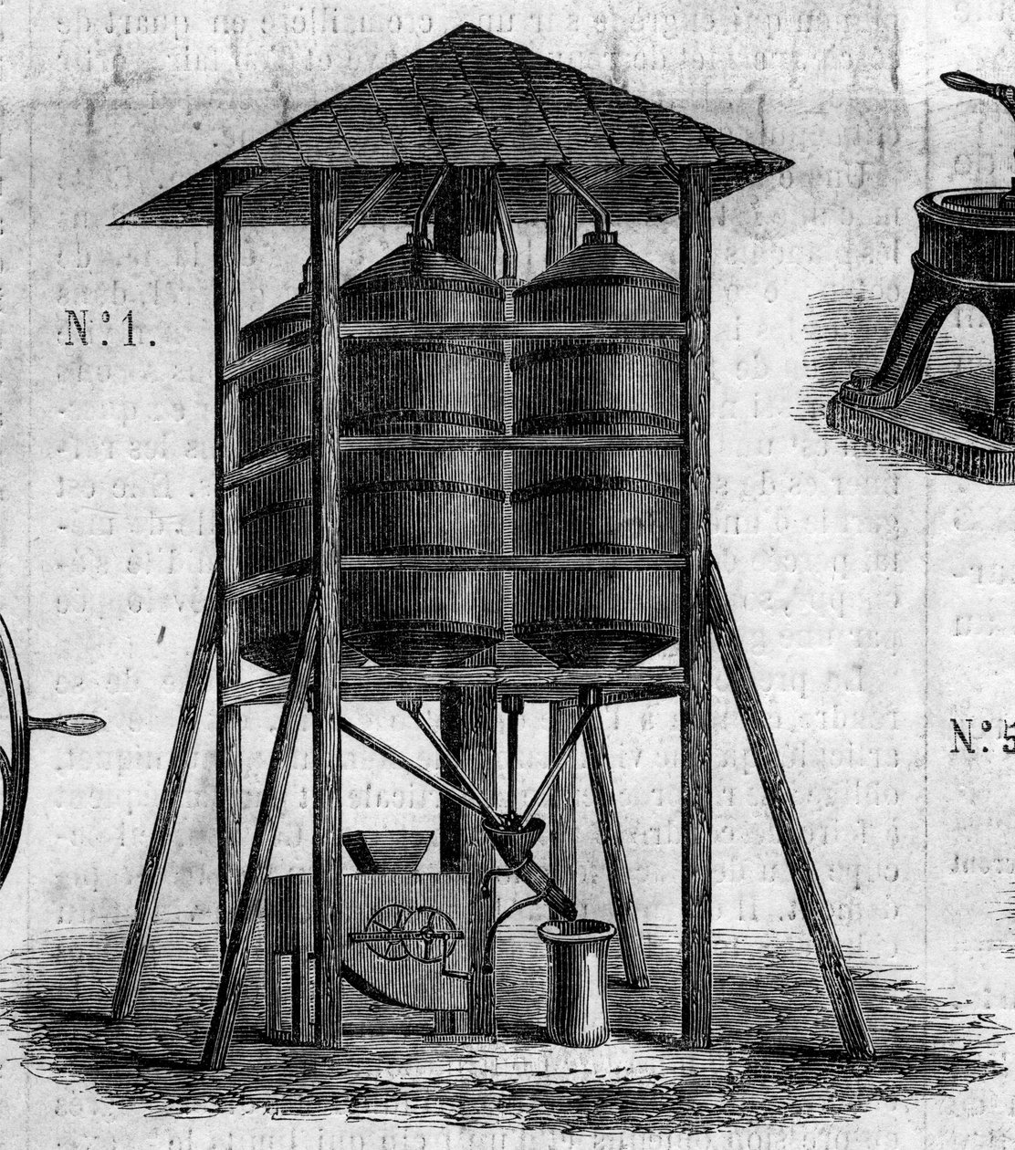 Landbruksmaskin: et konservativt loft for hvete presentert på 1860-landbruksutstillingen i Paris. Gravering i "" Le Monde Illustré"" nr. 168 av 30. juni av French School