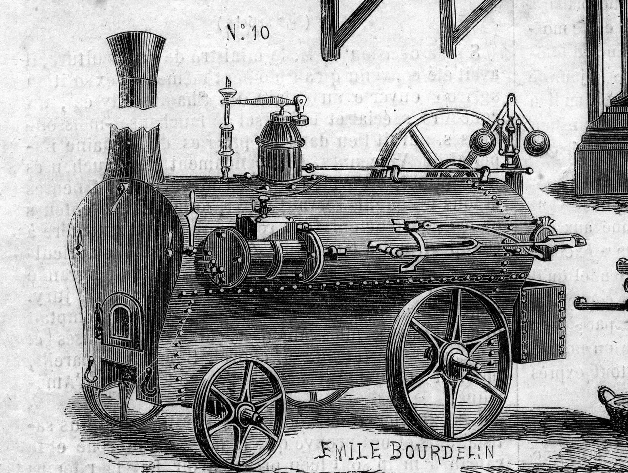 Landbruksmaskin: et lokomobil presentert ved landbrukskonkurransen i Paris i 1860. Gravering i “” Le Monde Illustré”” nr. 169 av 7. juli 1860. av French School