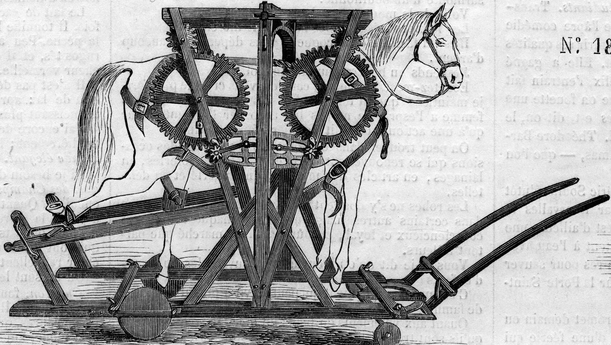 Landbruksmaskin: en opphengsanordning (eller bærbart arbeid) som brukes til å immobilisere hester eller storfe før de behandles. Maskin presentert ved landbrukskonkurransen i Paris i 1860. Gravering i “” Le Monde Illustré”” nr. 172 av 28. juli 1860. av French School