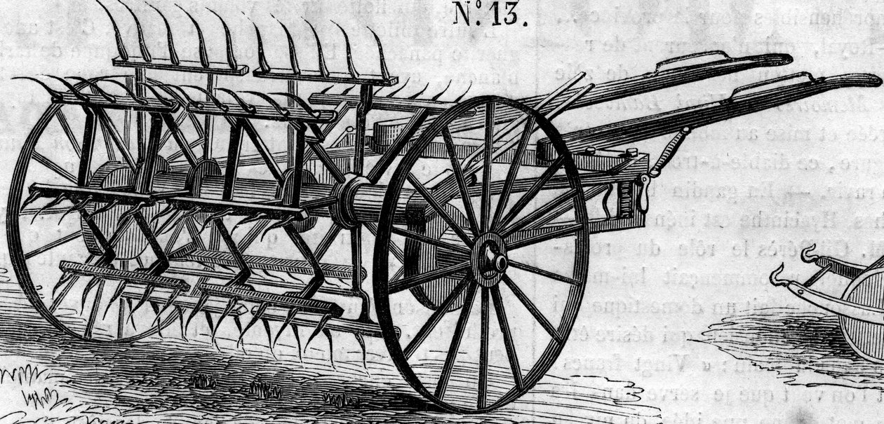 Landbruksmaskin: en engelsk dobbeltvirkende høyvender presentert ved landbrukskonkurransen i Paris i 1860. Gravering i “” Le Monde Illustré”” nr. 172 av 28. juli 1860. av French School