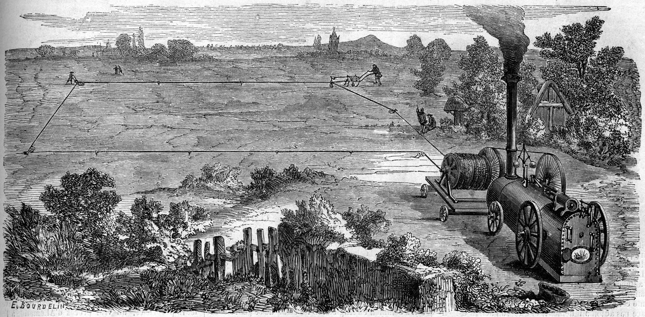 Landbruk: bønder som bruker en dampmaskin til dyrking. Gravering i "" Le Monde Illustré"" nr. 131 av 15. oktober 1859. av French School
