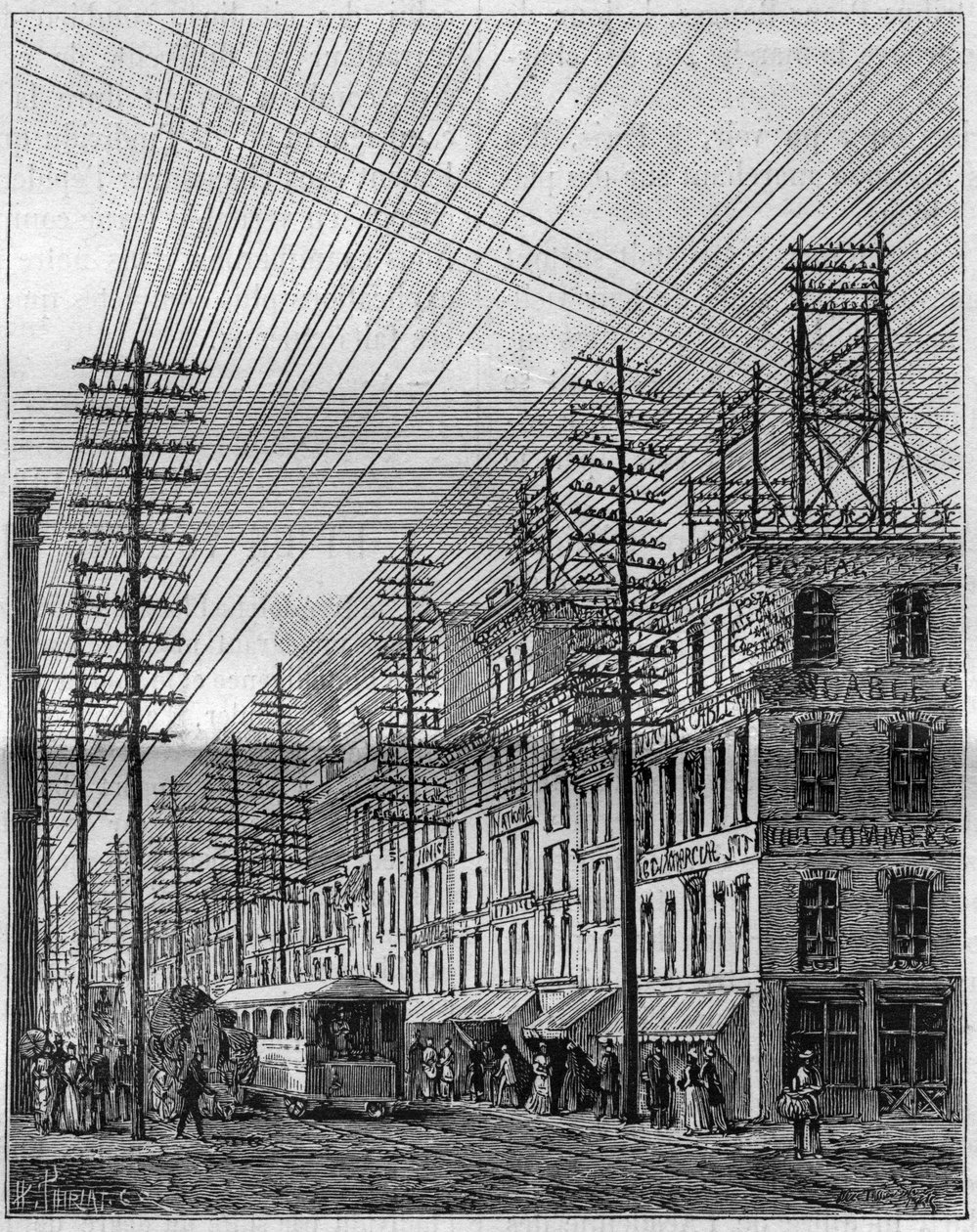 Air elektriske ledninger, i Philadelphia (USA), hjørnet av Chestnut street og tredje gate. Gravering i "" La Nature. Revue des sciences et de ses applications aux arts et a l