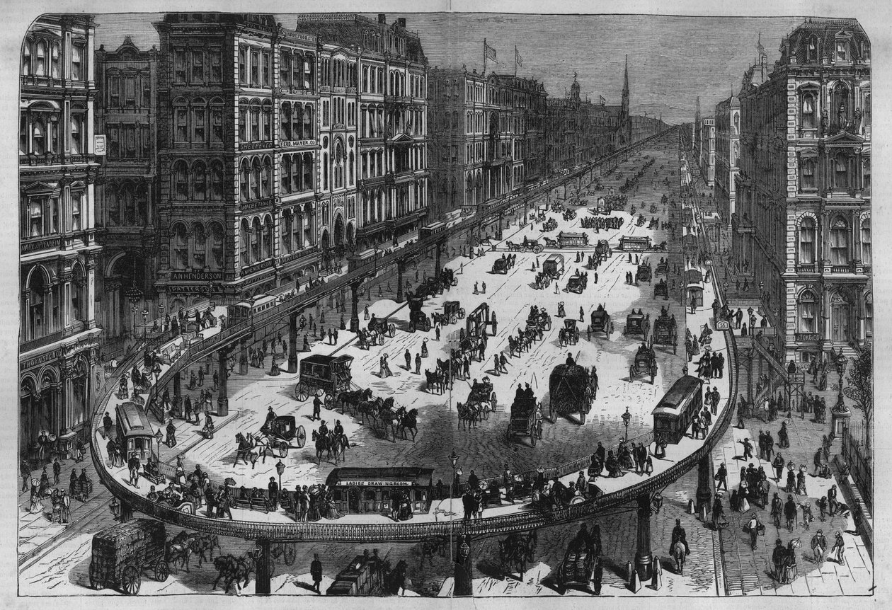 Flyselskapsjernbaner i en by i USA. Gravering fra 1880 i "La republique illustree"" privatsamling. av French School