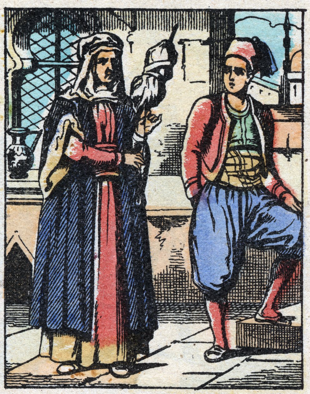 Aladin og moren lever fra arbeidet sitt. Gravering av historien om tusen og én natt "" Aladin og den fantastiske lampen"". Epinal avbildning, slutten av 1800-tallet. Privat samling. av French School