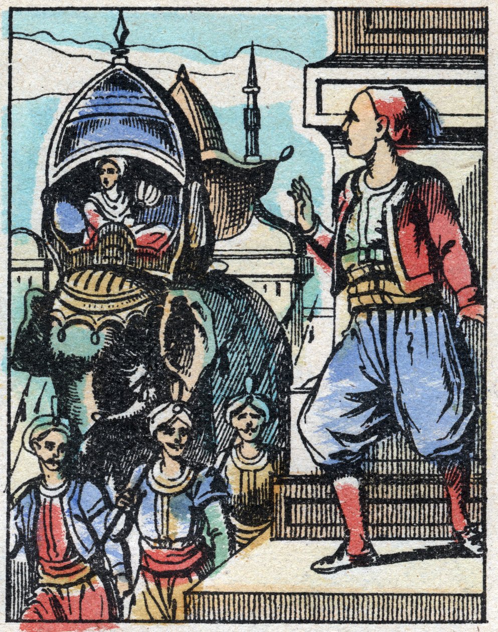 Aladin forelsker seg i sultanens datter. Gravering av historien om tusen og én natt "" Aladin og den fantastiske lampen"". Epinal avbildning, slutten av 1800-tallet. Privat samling. av French School