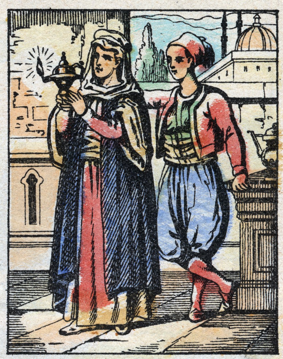 Aladin wears the magic lamp to his mother. Engraving of the tale of Thousand and One Nights “” Aladin and the Wonderful Lamp””. Epinal imaging, late 19th century. Private collection. av French School