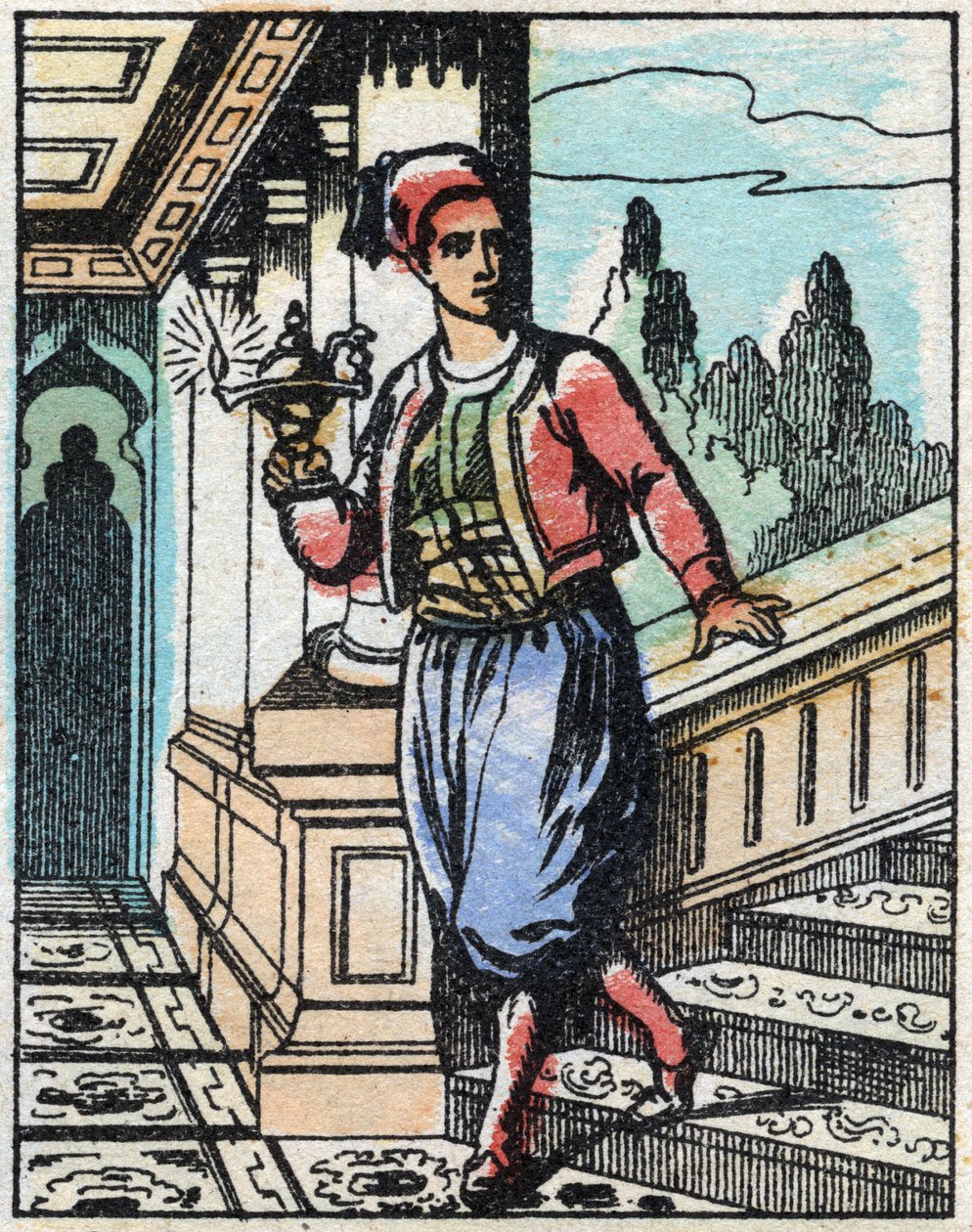 Aladin with the magic lamp no longer finds his way. Engraving of the tale of Thousand and One Nights “” Aladin and the Wonderful Lamp””. Epinal imaging, late 19th century. Private collection. av French School