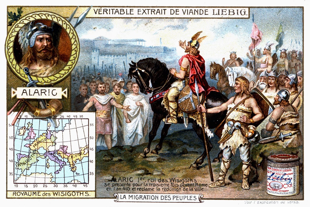 Alaric 1er, vestgoternes konge, presenterer seg for tredje gang før Roma i 410 og krever overgivelse av byen - Liébig reklamevignett av French School