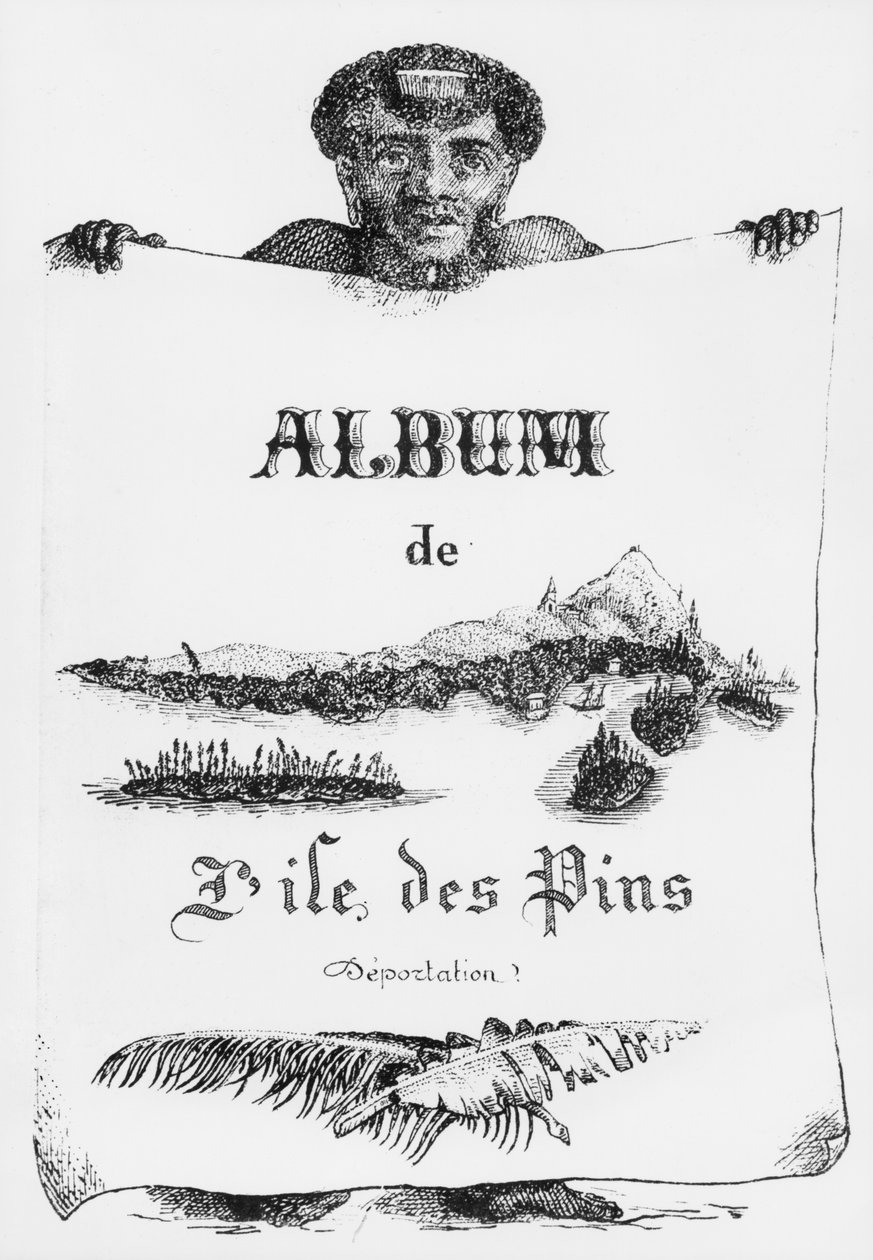 Album of the Isle of Pines, New Caledonia, deportasjon, illustrasjon på forsiden, 1877 (bw litho) av French School