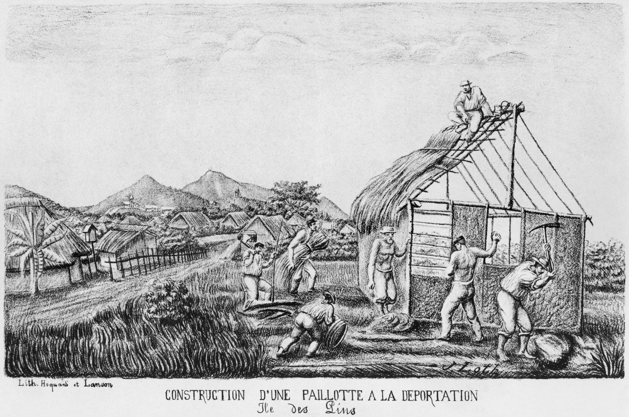 Album of the Isle of Pines, bygging av en halmhytte av de deporterte, 1878-79 av French School