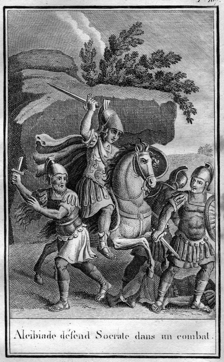 Alkibiades (450-404 f.Kr.), athensk statsmann og strategi forsvarer Sokrates i en kamp. I "" Skjønnheter fra gammel historie eller minneverdige fakta og ordtak fra store menn"" av French School