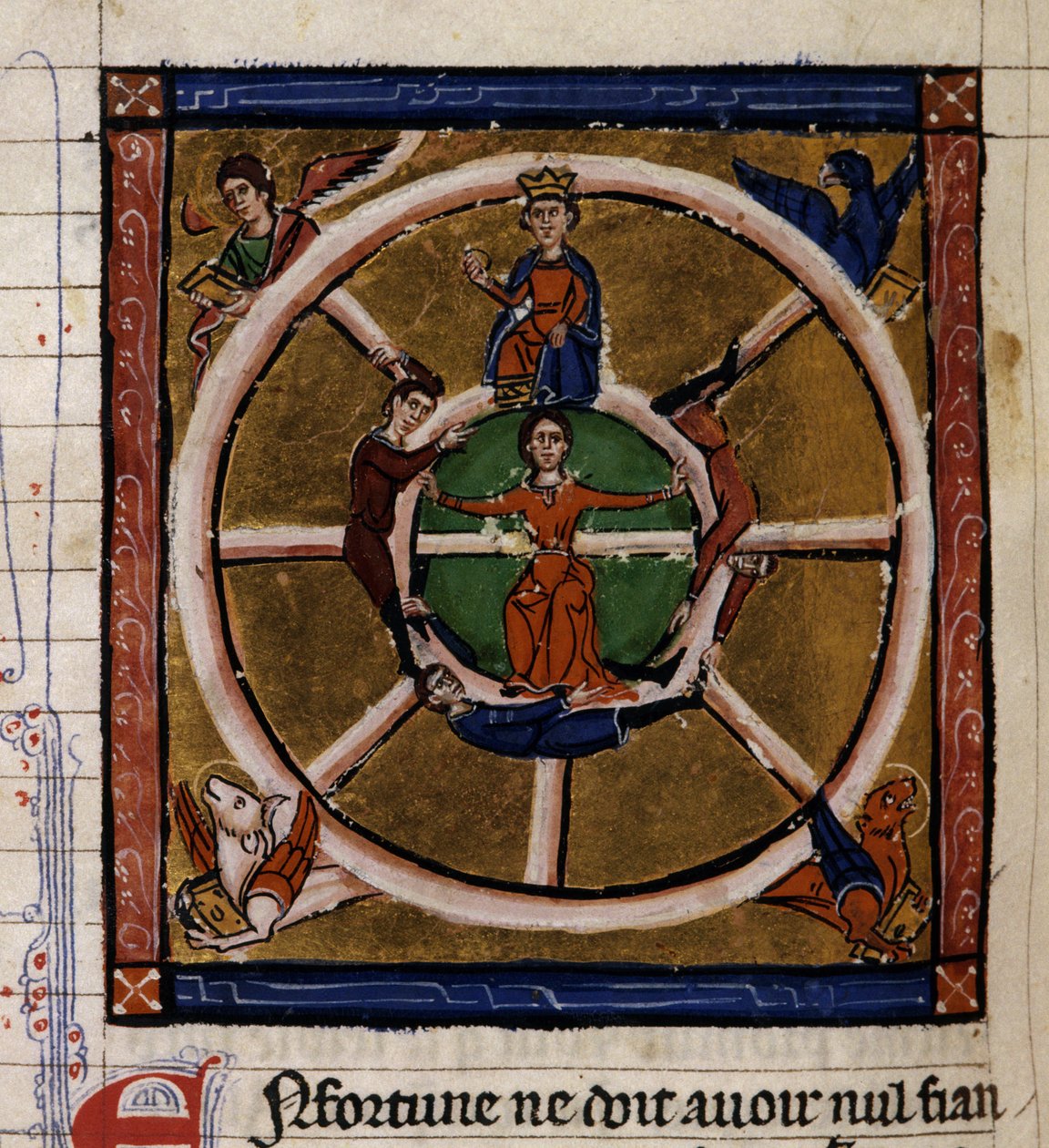 Alexander III den store (356-323 f.Kr.) som sitter på lykkehjulet omgir tetramorfen. Miniatyr av manuskriptet "Histoire ancienne à la Cesar", rundt 1260-1270 skrevet av en kontorist i tjeneste ved hoffet til Roger IV, Chatelain av Lille (120 av French School