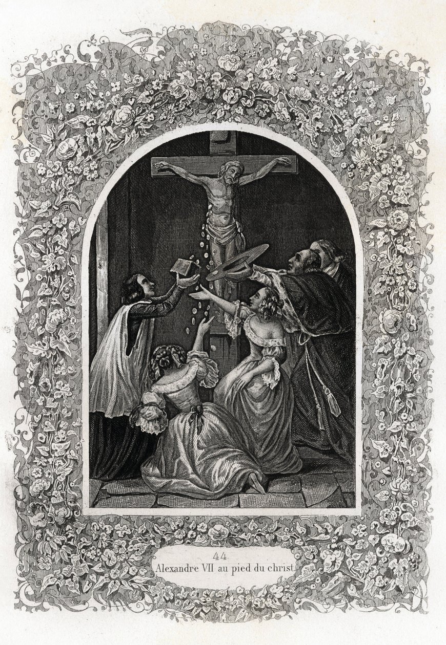 Alexander VII (Alexander eller Alessandro) (pave 1655 til 1667) ved Kristi fot. Gravering for å illustrere Histoire des popes av Maurice Lachatre (1814-1900), librairie du progres, Paris. av French School