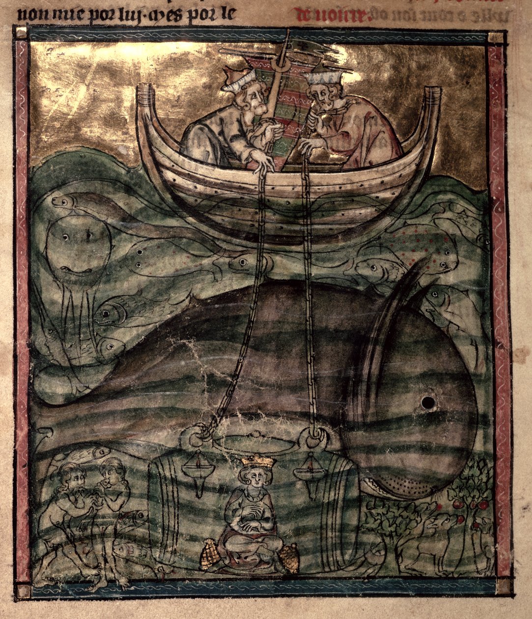 Aleksander den store senket ned på havbunnen i et glassbur, fra «L#39;Histoire du Noble et Valliant Roy Alixandre le Grant» av French School