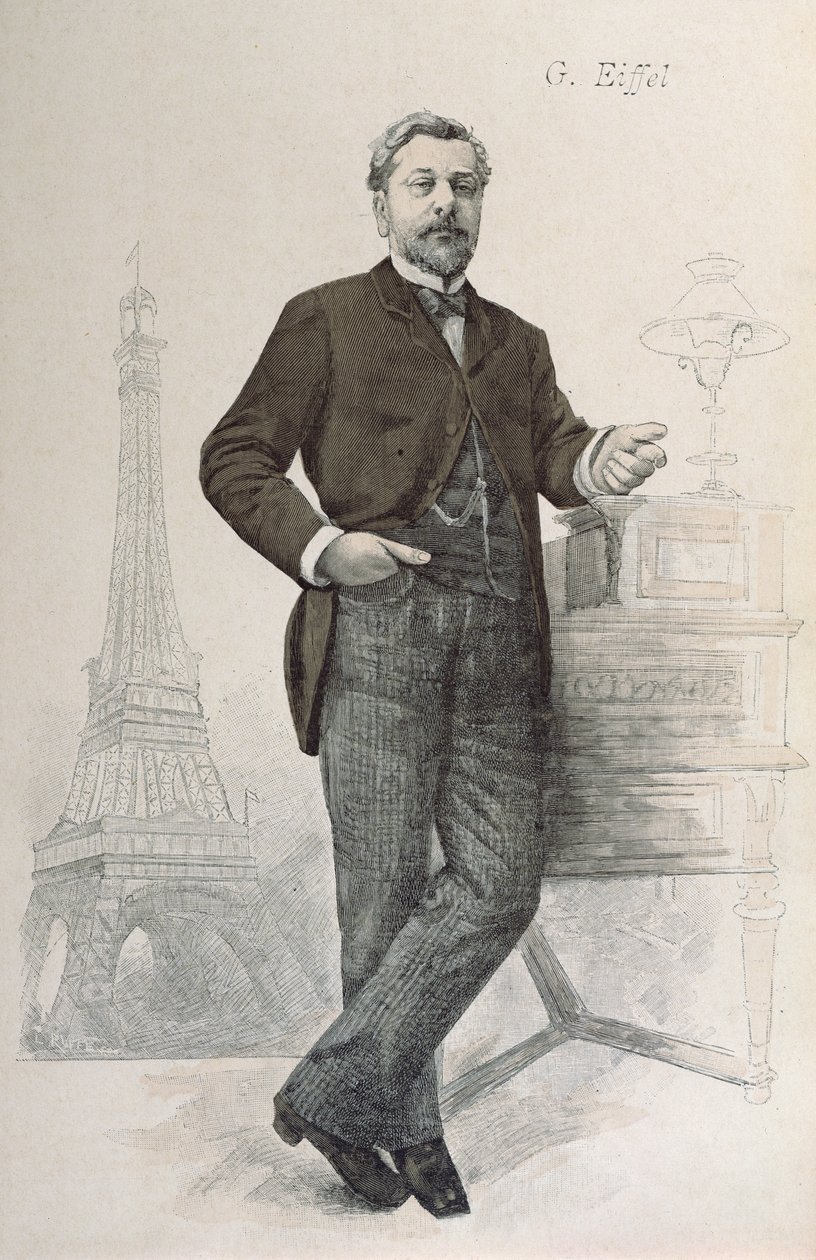 Alexandre Gustave Eiffel poserer ved skrivebordet sitt med en tegning av Tour Eiffel, illustrasjon fra La Revue Illustree, 1888 av French School