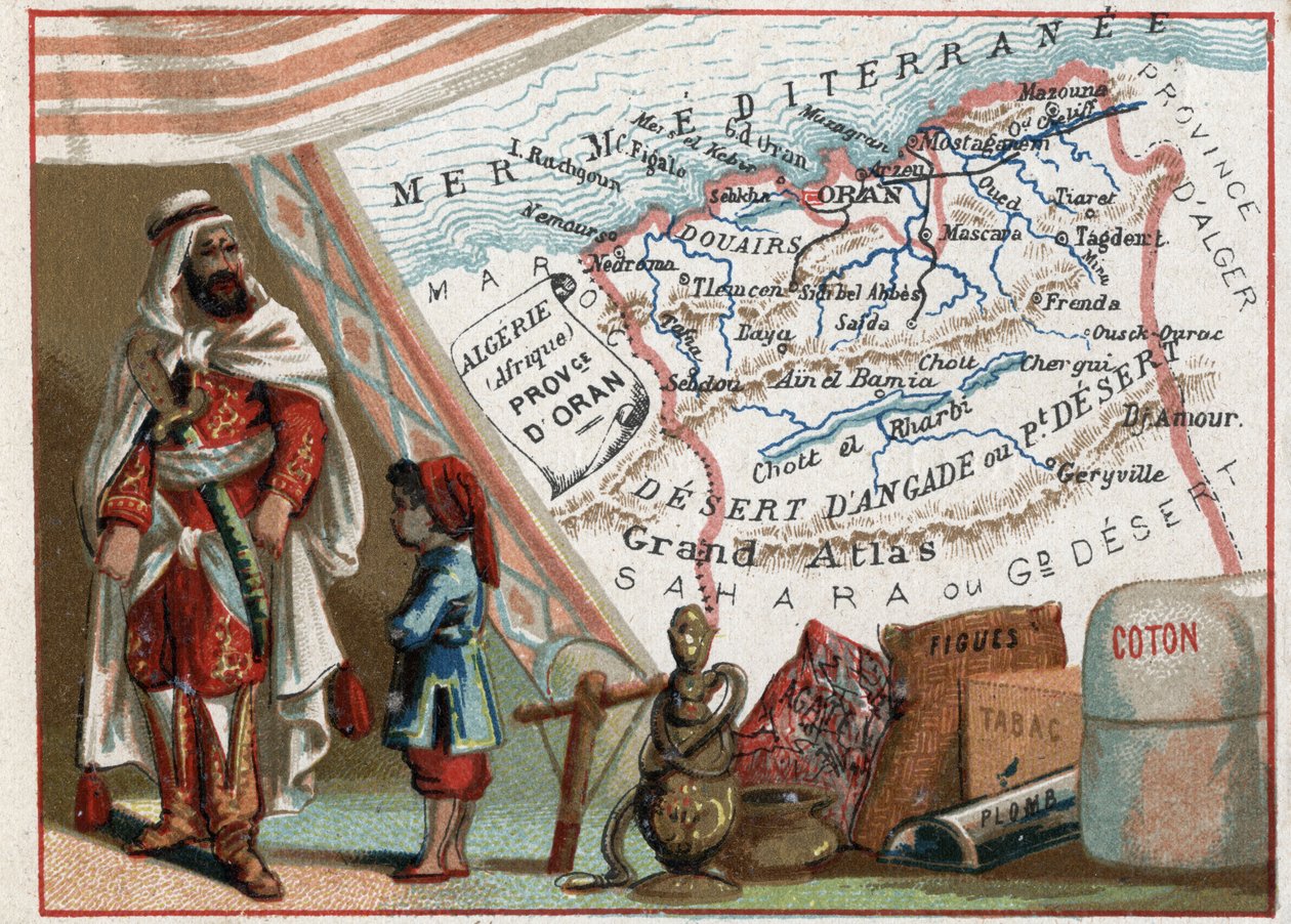 Algerie i Afrika og provinsen Oran, Frankrike. Serie om de franske avdelingene. Import av fiken, bomull, tobakk, agathe og bly. Chromolithography (Chromo) "" den geografiske tråden"", ca 1920. Privat samling. av French School
