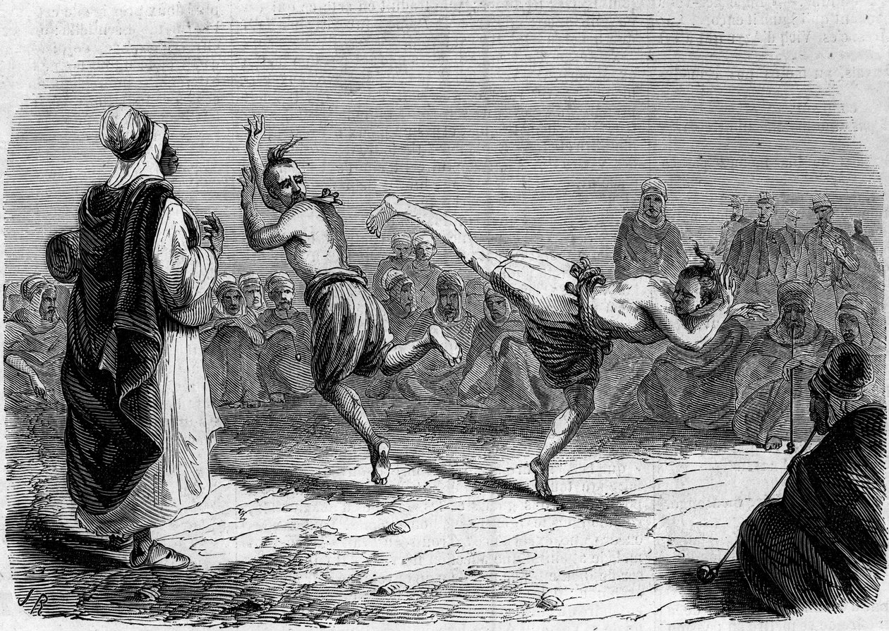 Algerian custom: Arabic dance. Drawing by Mr. Rigo, based on a sketch by Mr. Ameler, battalion leader. Engraving in “” Le Monde Illustré”” n°86 of 11 December 1858. av French School