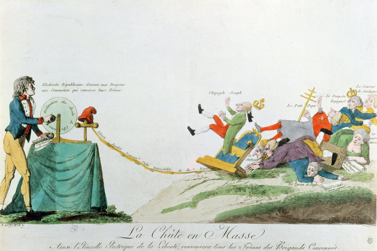 Alle faller ned, elektrisiteten generert av erklæringen om menneskerettigheter under den franske revolusjonen velter tronene og monarkene i Europa, ca. 1793 av French School
