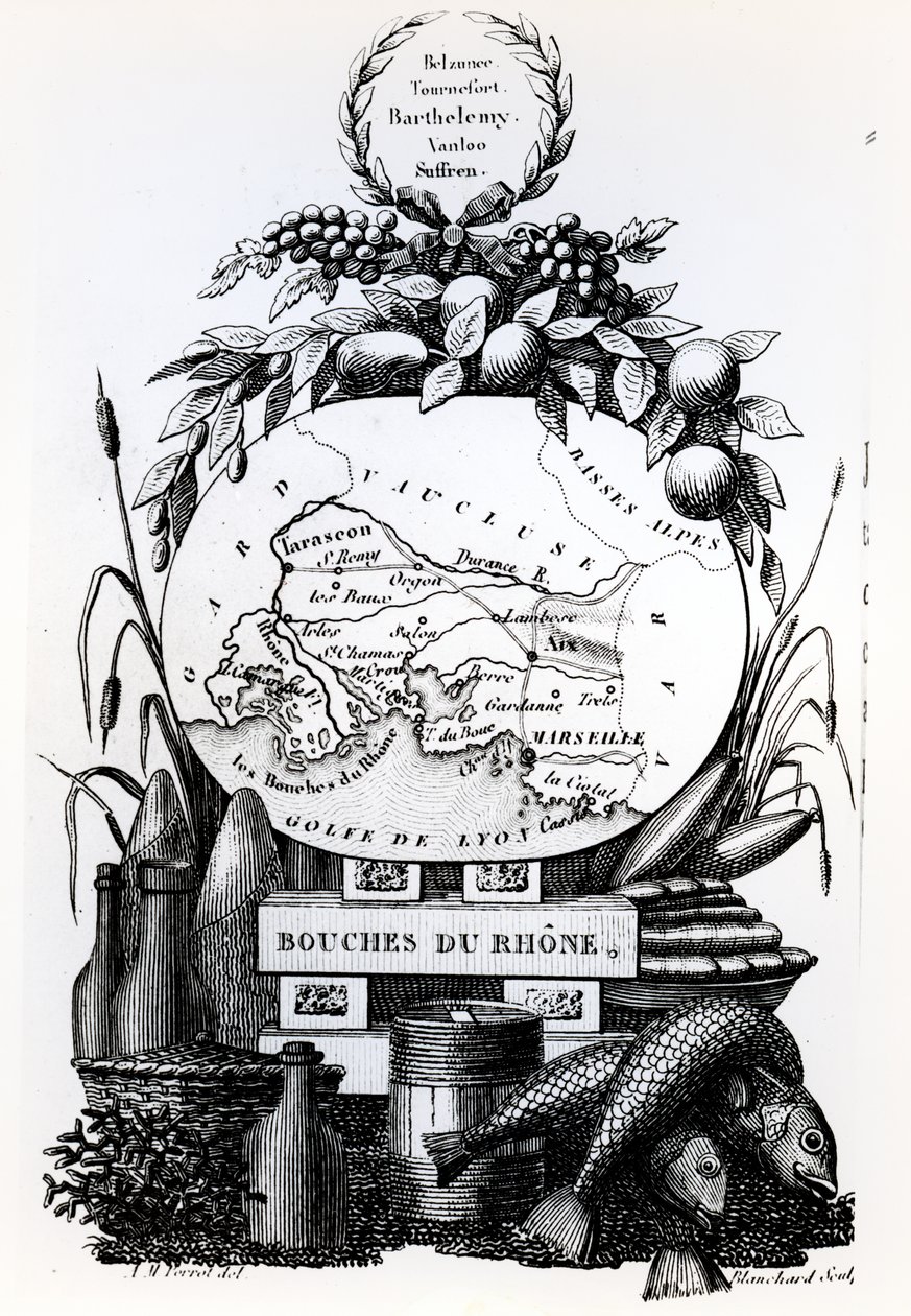 Allegorisk kart over Bouches-du-Rhone-avdelingen, ca. 1830 av French School