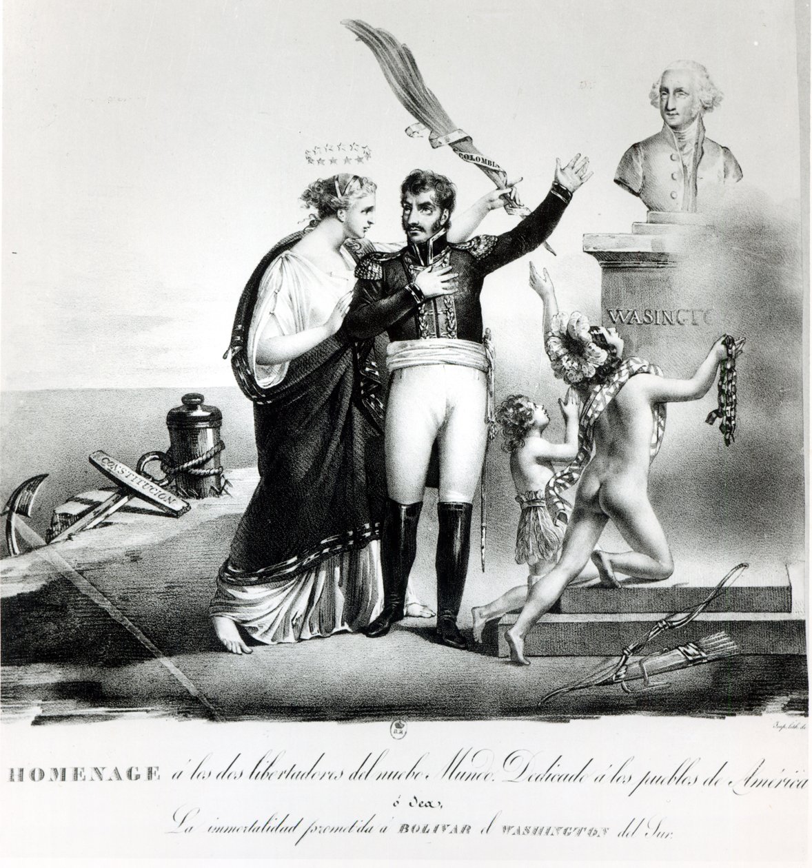 Allegorisk portrett av general Simon Bolivar (1783-1830) ca. 1840 av French School