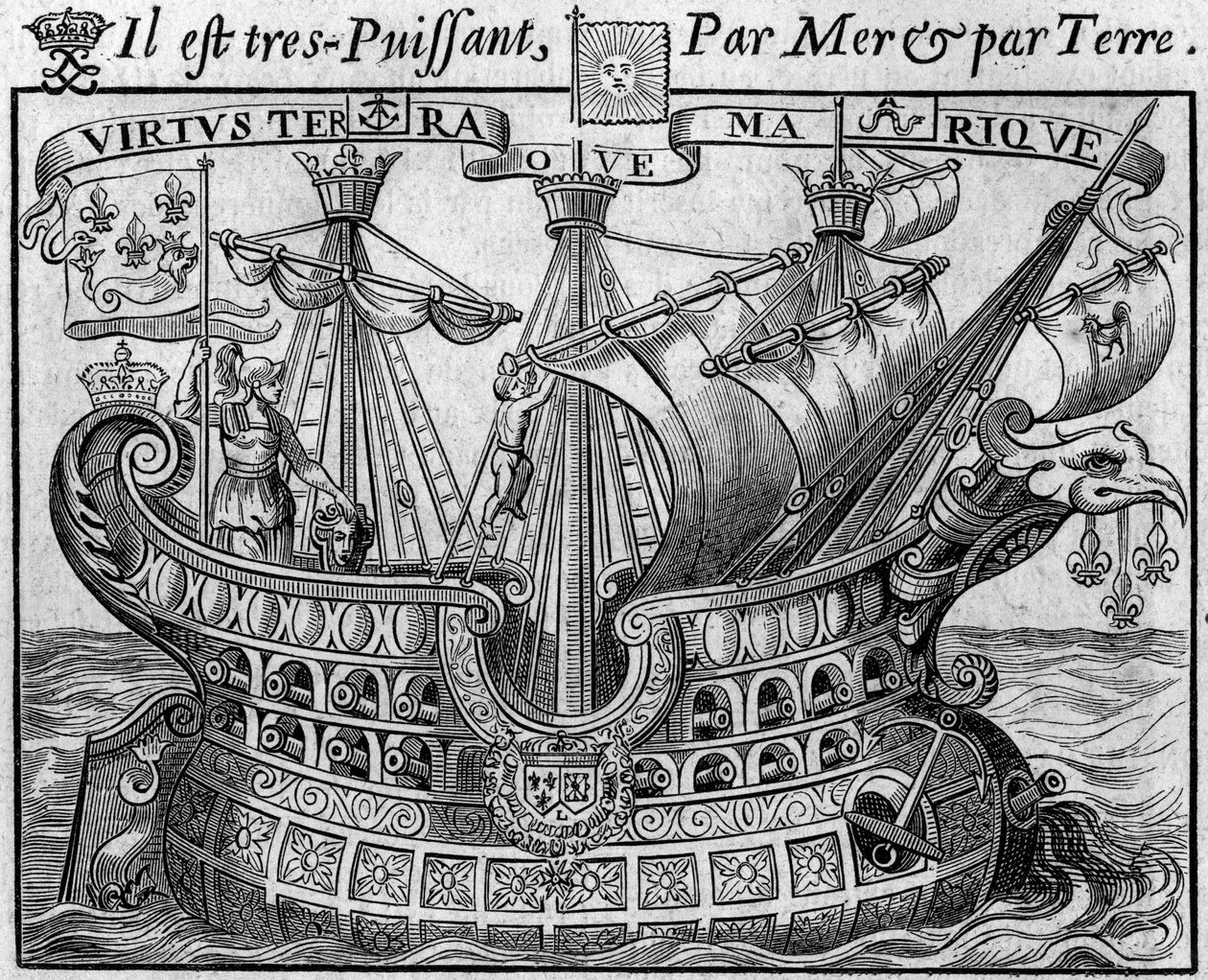 Allegori om fransk makt: "Statens skip", symbol på Frankrike, minner også om våpnene til byen Paris. Utdrag fra «Livre des monnoyes etrangeres ou le grand banker de France» (1687) av Francois Barreme (1638-1703), fransk matematiker. Eng av French School