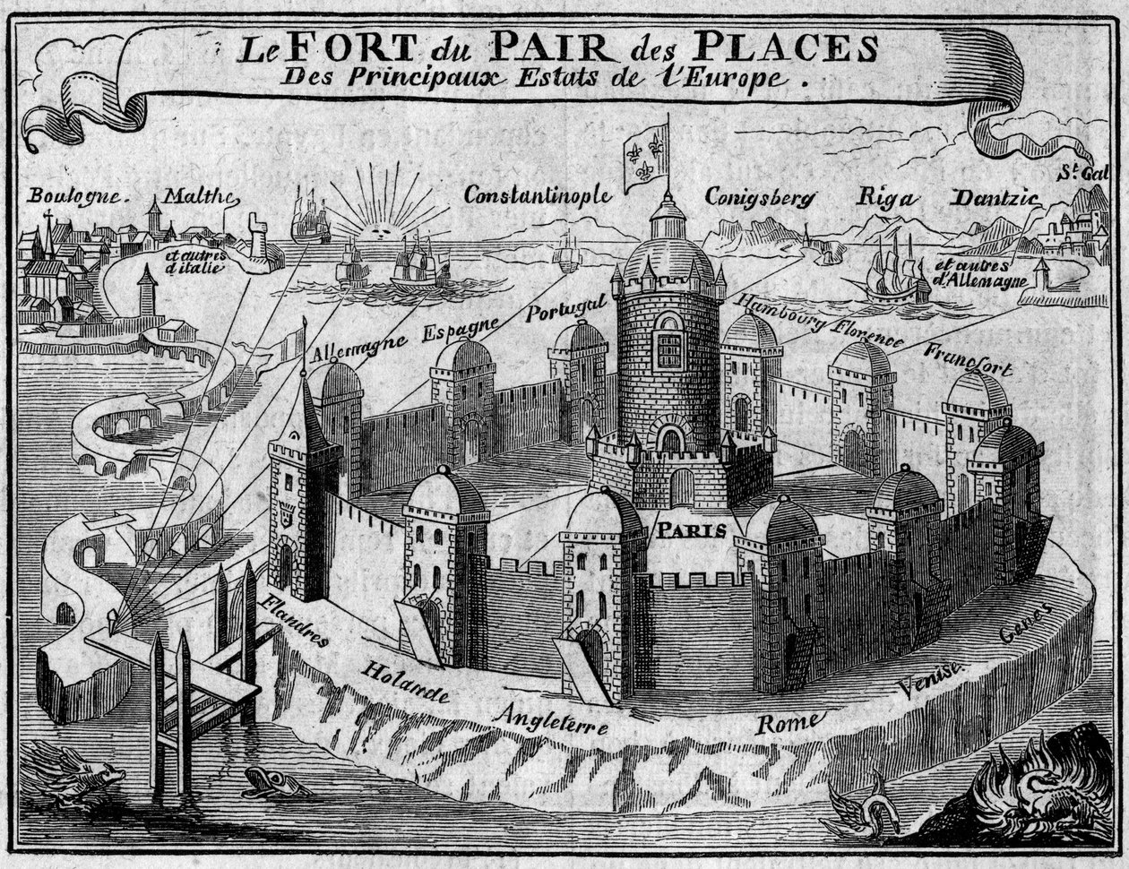 Allegori om forholdet mellom verdens viktigste handelsbyer: Paris er en festning beskyttet av voller, som hver representerer et land eller hovedstad i Europa. Utdrag fra «Livre des monnoyes etrangeres ou le grand banker de France» (1687) av Franc av French School