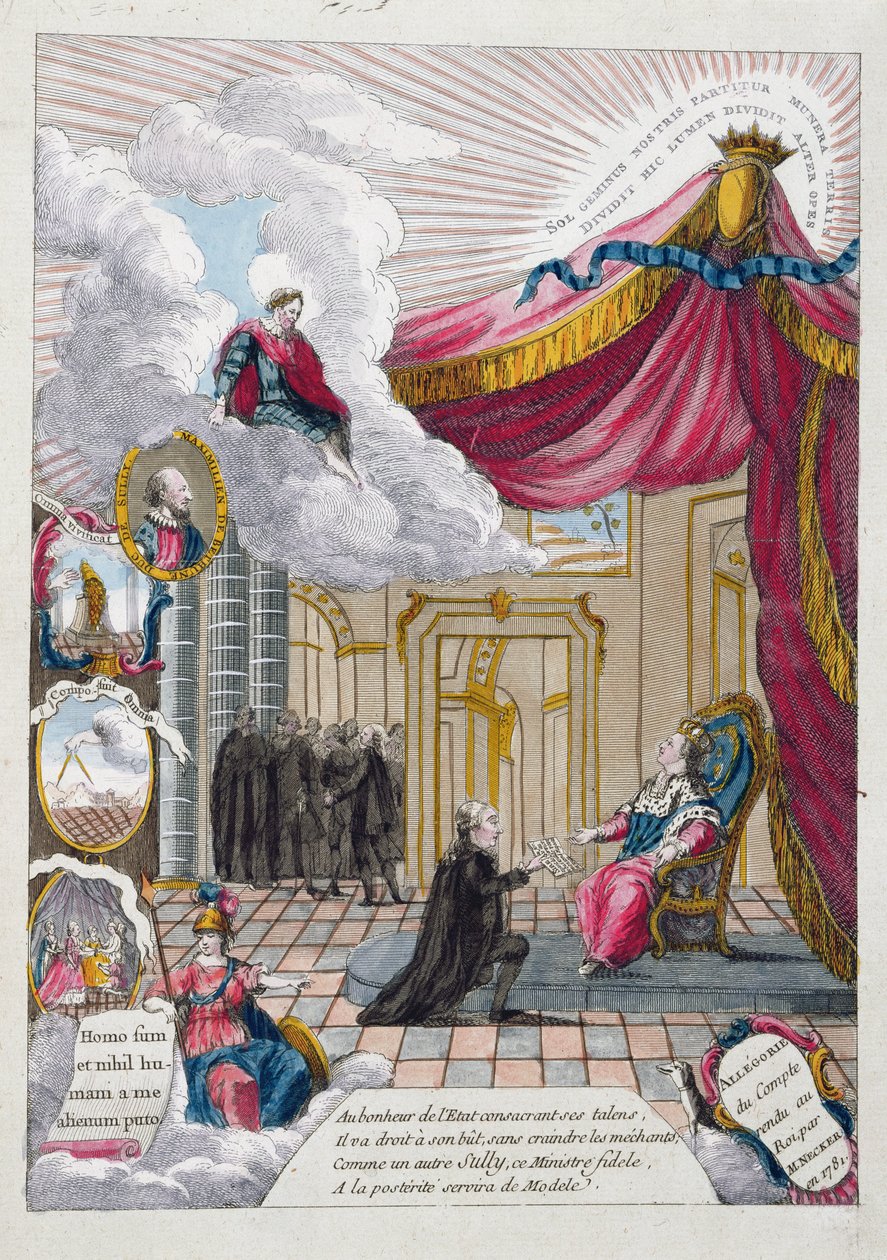 Allegori av rapporten gitt til Louis XVI (1754–93) av Jacques Necker (1732–1804) i 1781 (fargegravering) av French School