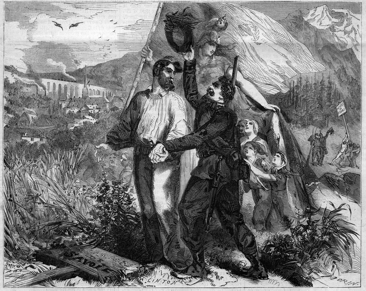 Allegori om annekteringen av Savoyen til Frankrike i 1860. Gravering i "" Le Monde Illustré"" nr. 167 av 23. juni 1860. av French School