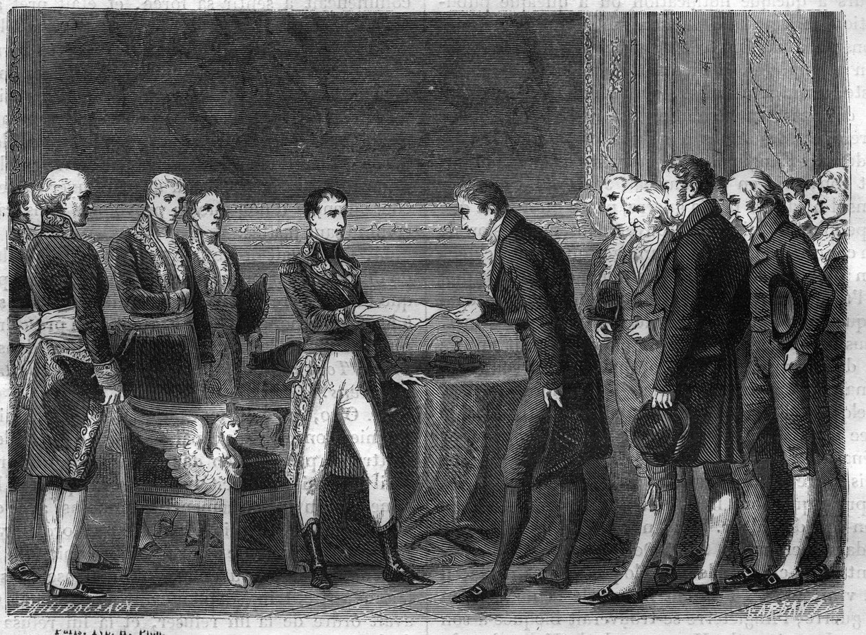 Allocation of the First Consul Bonaparte to the Swiss deputes of the Helvetic Republic by giving them the act of mediation in November 1802 - Engraving from “Histoire du Consulate et de l